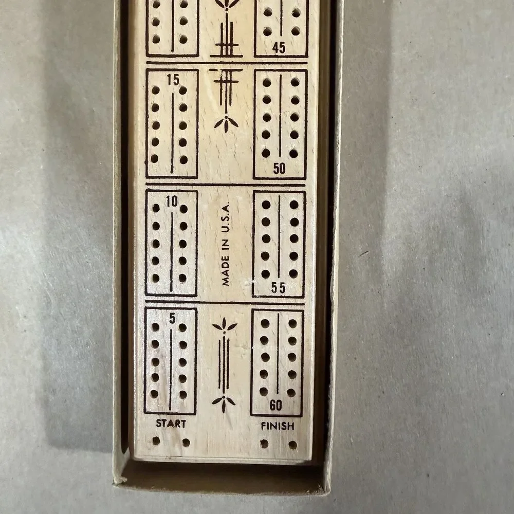 Vintage E.S. Lowe Wood 2-Player Cribbage Board 1503 Pegs Box No Instructions